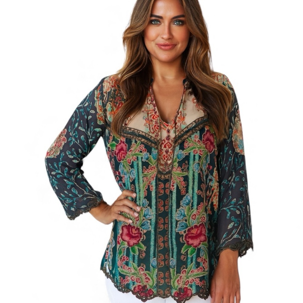 Johnny Was Multicolor Parnel Floral Silk blouse NWT
